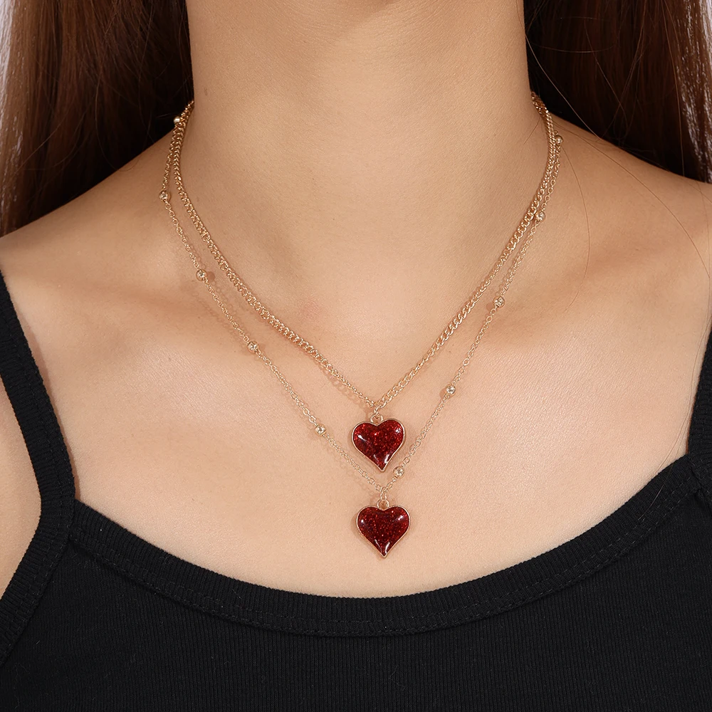 Aihua Gold Color Red Heart Necklace Romantic Sweet Simple Clavicle Chain Necklaces for Women Collar Valentine‘s Day Jewelry Gift