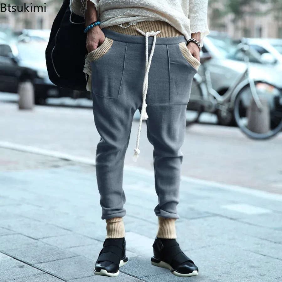 Men's Autumn Brown Casual Sports Trousers Loose Tucked Foot Drawstring Personalized Color Block Knitted Casual Trousers for Men
