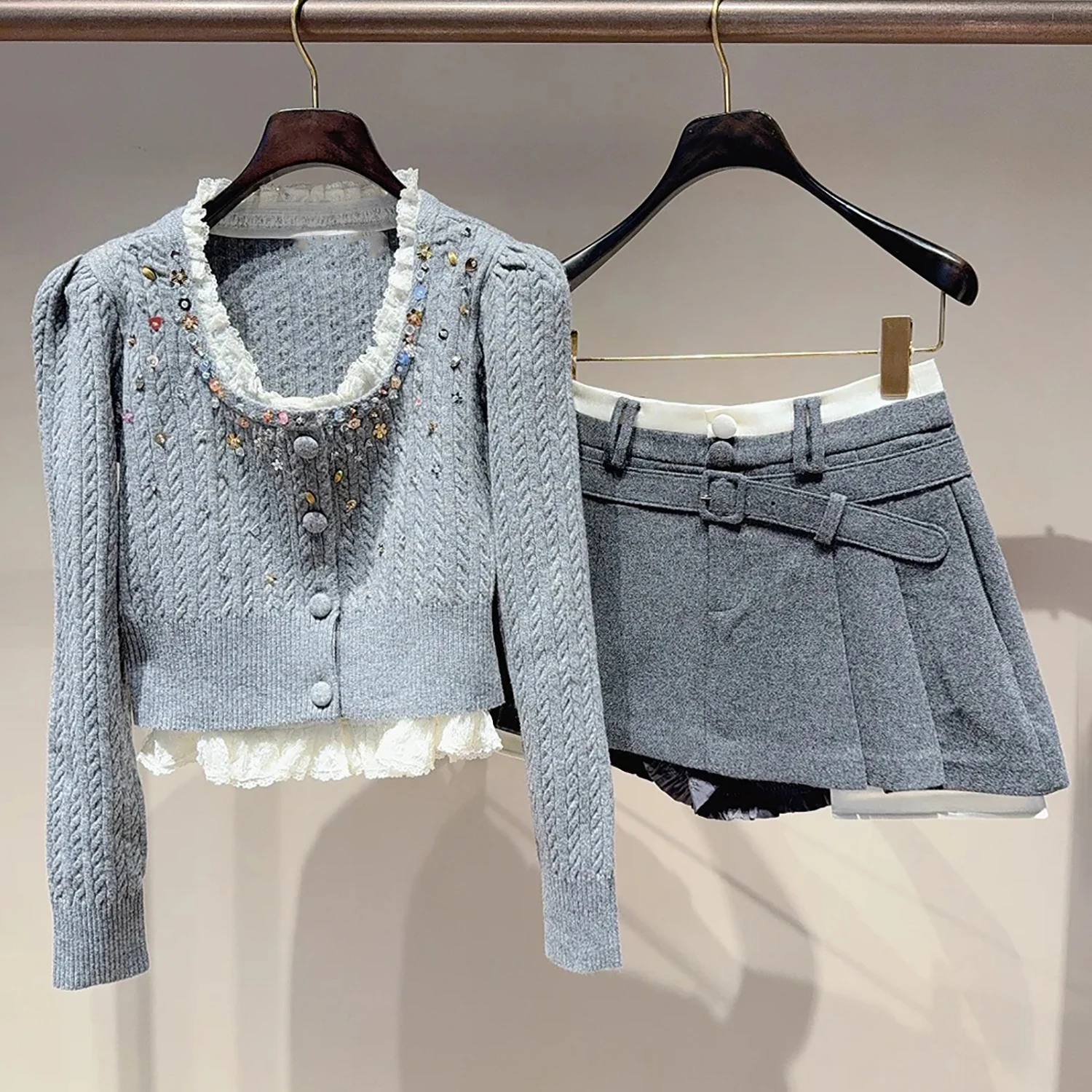 

High-end Winter Knitted Lace Patchwork Skirt Set Women's Faion College Sle ort Sve round Ne Button up Casual Outfit