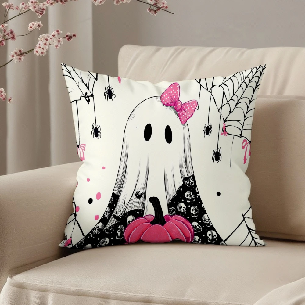 Cute Ghost Throw Pillow Case White Halloween Skull Spider Web Pumpkin Print For Home Sofa Bedroom Decor