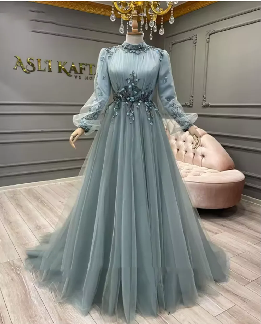 Vestidos De Noche musulmanes De manga larga, color azul polvoriento, una línea De tul con cuentas, flores, elegantes vestidos formales árabes De Dubái para graduación, bata De boda