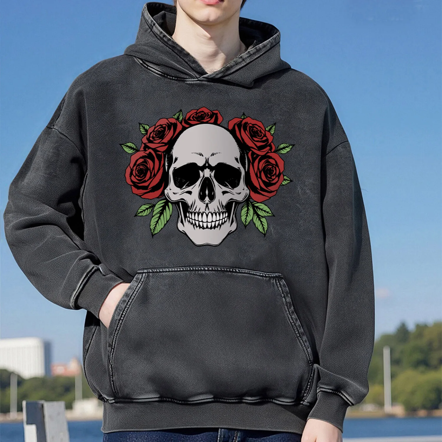 Sudadera con capucha lavada Retro con diseño de calavera y rosa para hombres y mujeres, ropa deportiva informal de algodón, ropa de calle de moda 400G