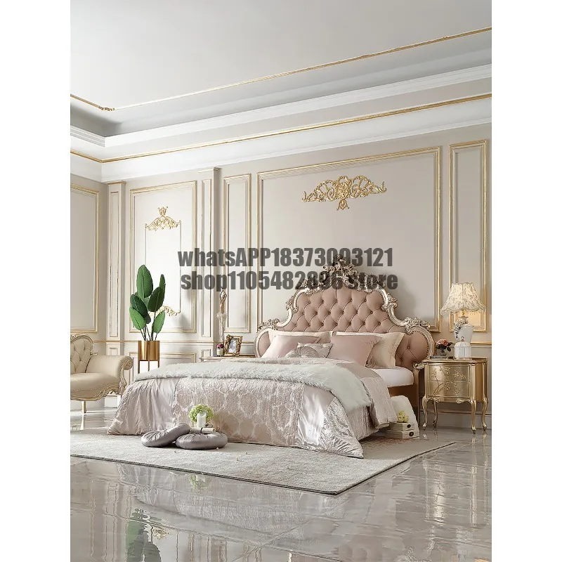 French light luxury solid wood leather bed European court carved romantic princess bed wedding room double bed