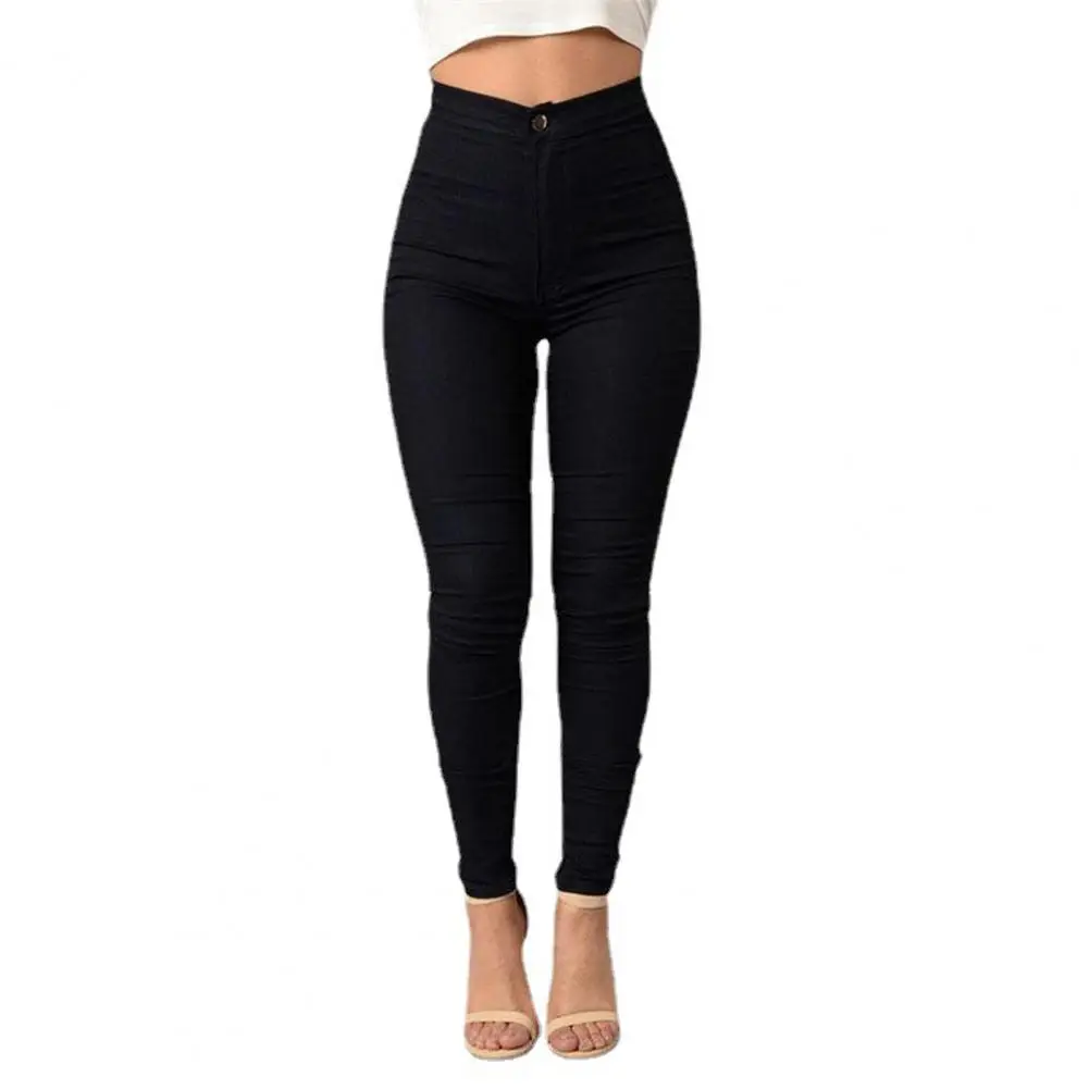 Leggings taille haute pour femmes, pantalon crayon extensible, bouton, mouche, longueur de rinçage, poches taille haute, pantalon skinny pour dames