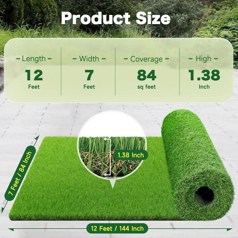 7 FT x 12 FT Artificial Grass Turf 2 PCS - Realistic Fake Grass Rolls with Drainage Holes, 1.38