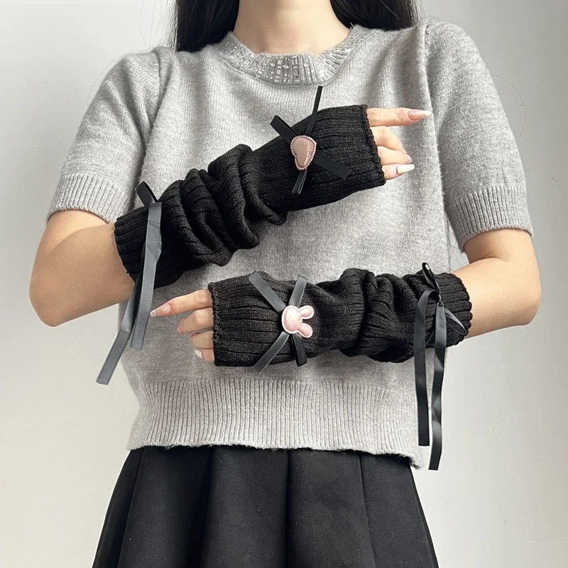 اليابانية طالبة Kawaii محبوك غطاء للذراع الحلو وتنفس لوليتا القوس الحب نصف إصبع غطاء للأكمام اليد