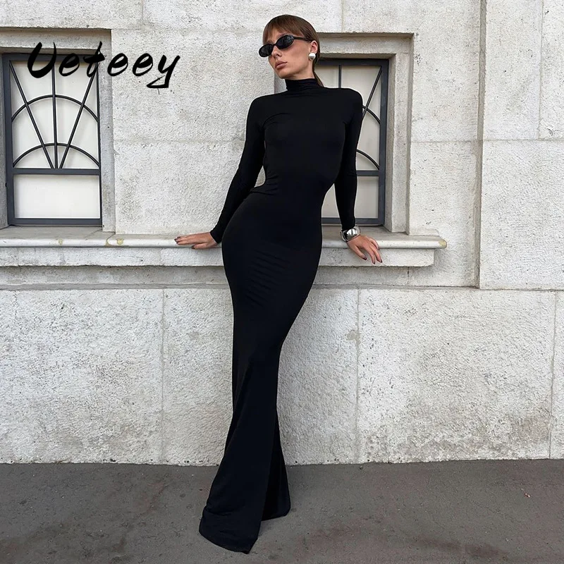 Ueteey Solid Backless Dress Women Turtleneck Full Sleeve Sequined Patchwork Autumn Trend Prom Elegant Stretch Long Bodycon