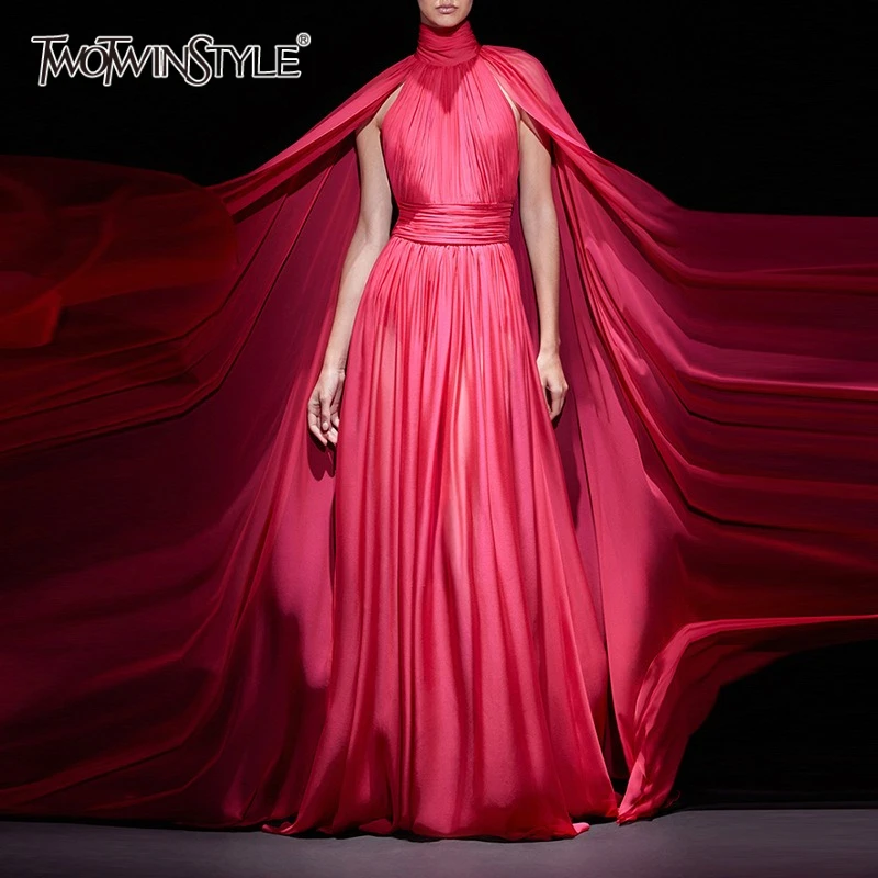 

TWOTWINSTYLE Red Sheer Spliced Folds Elegant Dresses for Women High Neck Cloak Sleeves Tunic Fashion Long Dress Female Clothing