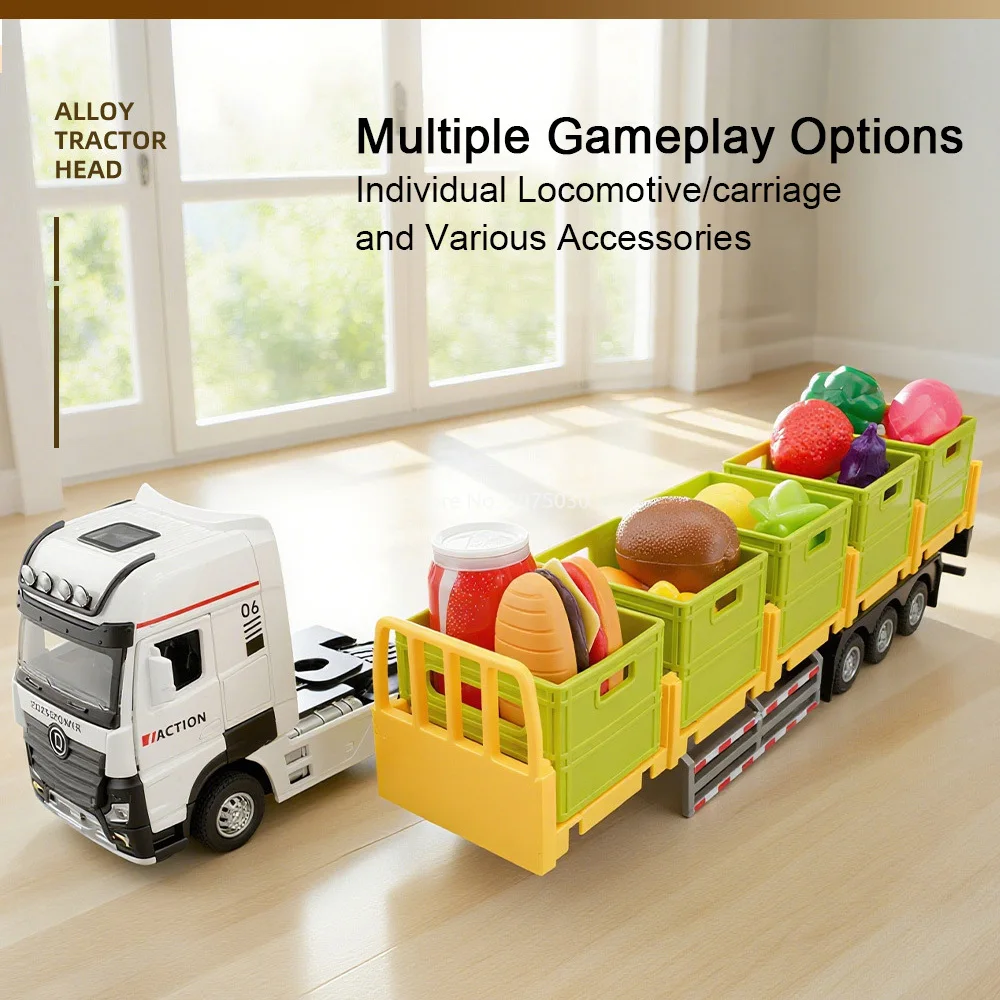 1:32 Alloy Trailer Transport Vehicle Cars Diecast Models Toys with Light Sound Wheel Pull Back Miniature Car Kids Birthday Gifts