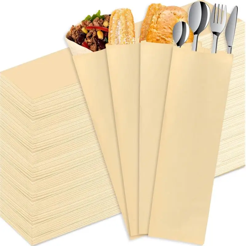100 PCS Natural Kraft Paper Tableware Bags Lightweight Disposable Cutlery Storage Sacks for Backpacking Travel Picnic