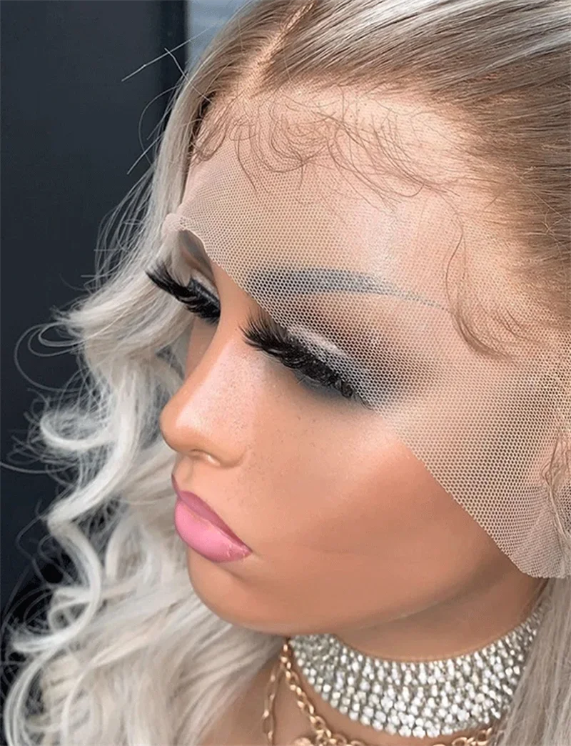 Loose curly Ombre White Blonde with Short Roots Lace Top Wig For White Women Synthetic Premium Fibre Heat Resistant Party Daily