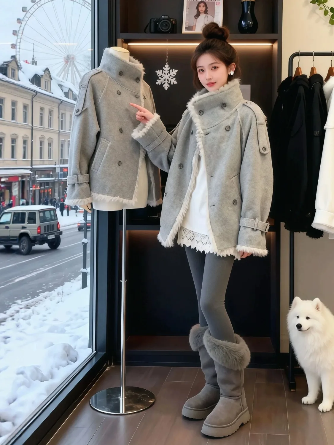 

Thiened Warm Fur Jaet Women Winter Large Size Loose Faionable ey Stand Collar Cotton Clothes Inteated Leather And Fur
