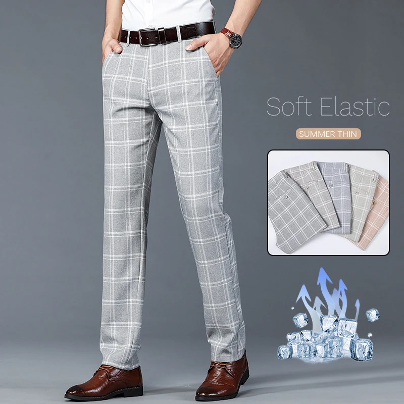 

Summer Thin Men's Casual Pants Imitation Linen Fabric Breathable Comfortable Elastic Business Work Straight Plaid Trousers