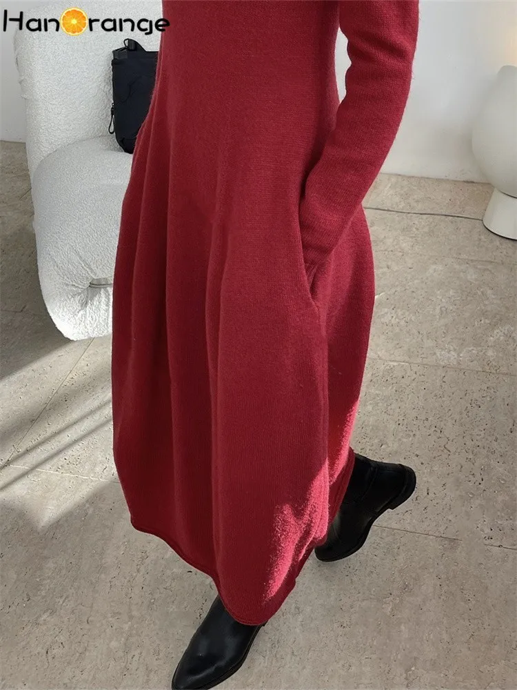 HanOrange 2024 Autumn Winter Turtleneck Elastic Waist Knitted Dress Knitting Bud Dress Wine Red/Black