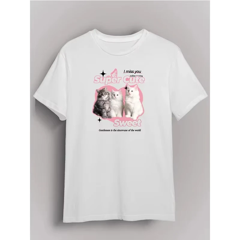 عادية كم قصير Y2k تي شيرت بلايز الربيع الصيف المرأة تي شيرت العشاء لطيف الحلو القط طباعة طاقم الرقبة تي شيرت ملابس الشارع الشهير #2