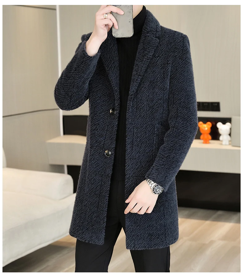 Lässige Herren-Wollmäntel mit Streifenmuster 2026 Winter Business Verdickter Warmer Mittellanger Mantel Oberbekleidung Windbreaker Jacke – Detail 12