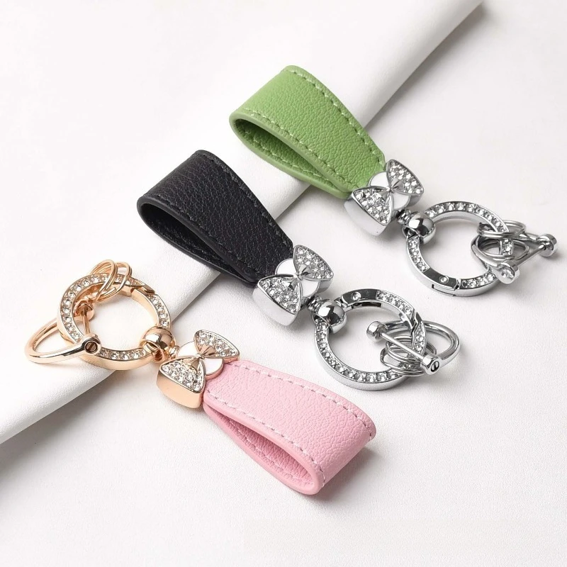 Rhinestone Bowknot Leather Car Keychain Ins Style Fashion Key Ring Pendant Exquisite Women Bag Charm Cute Small Gift