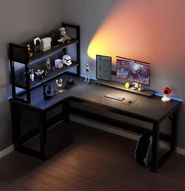 *Textured PVC Surface Framed Gaming Desk Storage Shelf L-Shaped Computer Table for Home Gaming Office