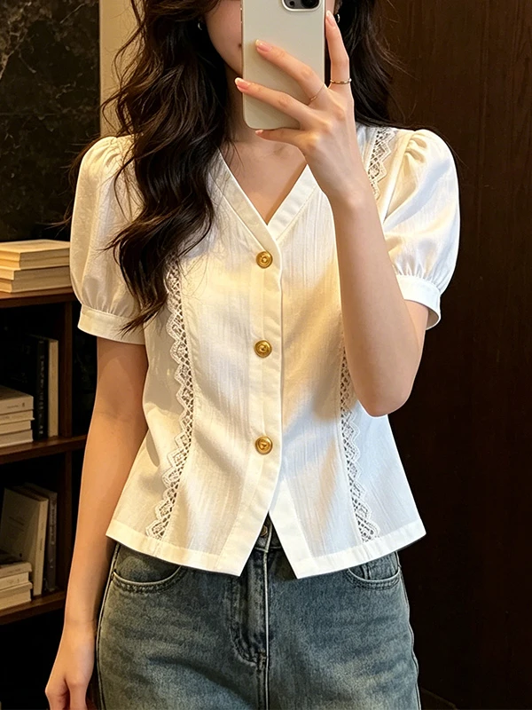 

Elegant V-Neck Short Sleeve T-Shirt Women's Summer Fashionable Age-Defying Top Korean Style Bubble Sleeve Loose Fit Shirt