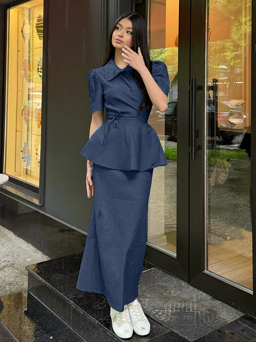 

Marthaqiqi Casual Ladies Nightwear Suit Turn-Down Collar Pajama Lace Up Nightie Short Sleeve Sleepwear Long Skirts Nightgown Set