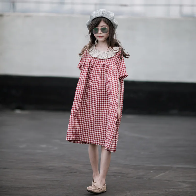 

2024 Korean Summer Children Girl One-piece Dress Junior Girl Doll Collar Checkered chemise Elementary Girl Fluffy Princess Dress