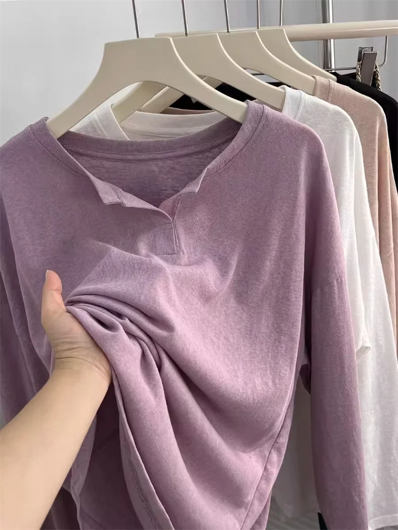 

Loose Fit Color Long Sleeve Bamboo Cotton Base Shirt Women's Korean Style Commute round Neck T-Shirt Autumn Initial