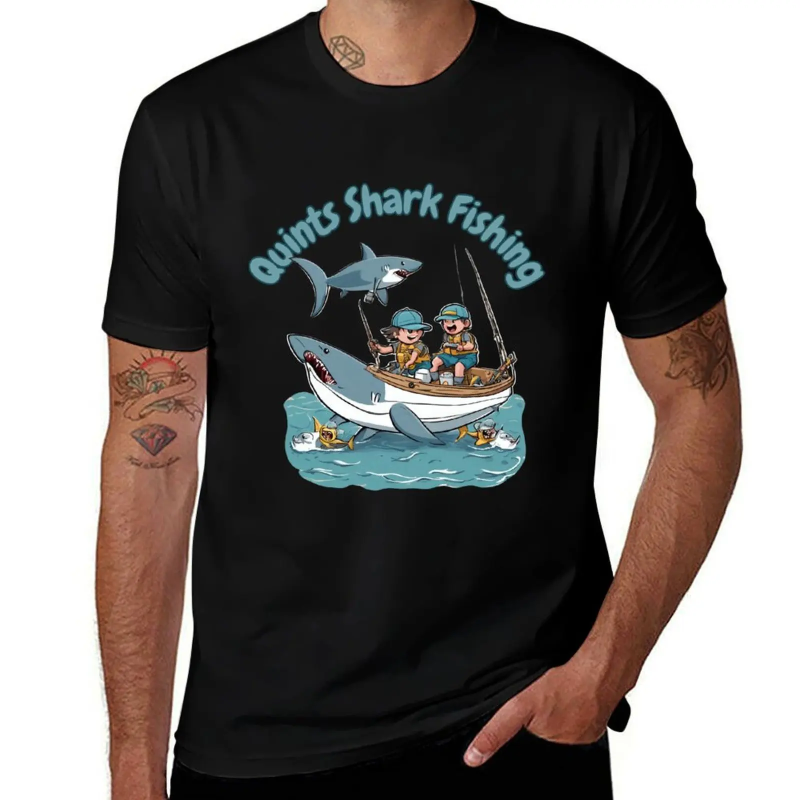 

Футболка Quints Shark Fishing Adventure, роскошные мужские дизайнерские простые мужские футболки Louboutins Fruit of the Loom