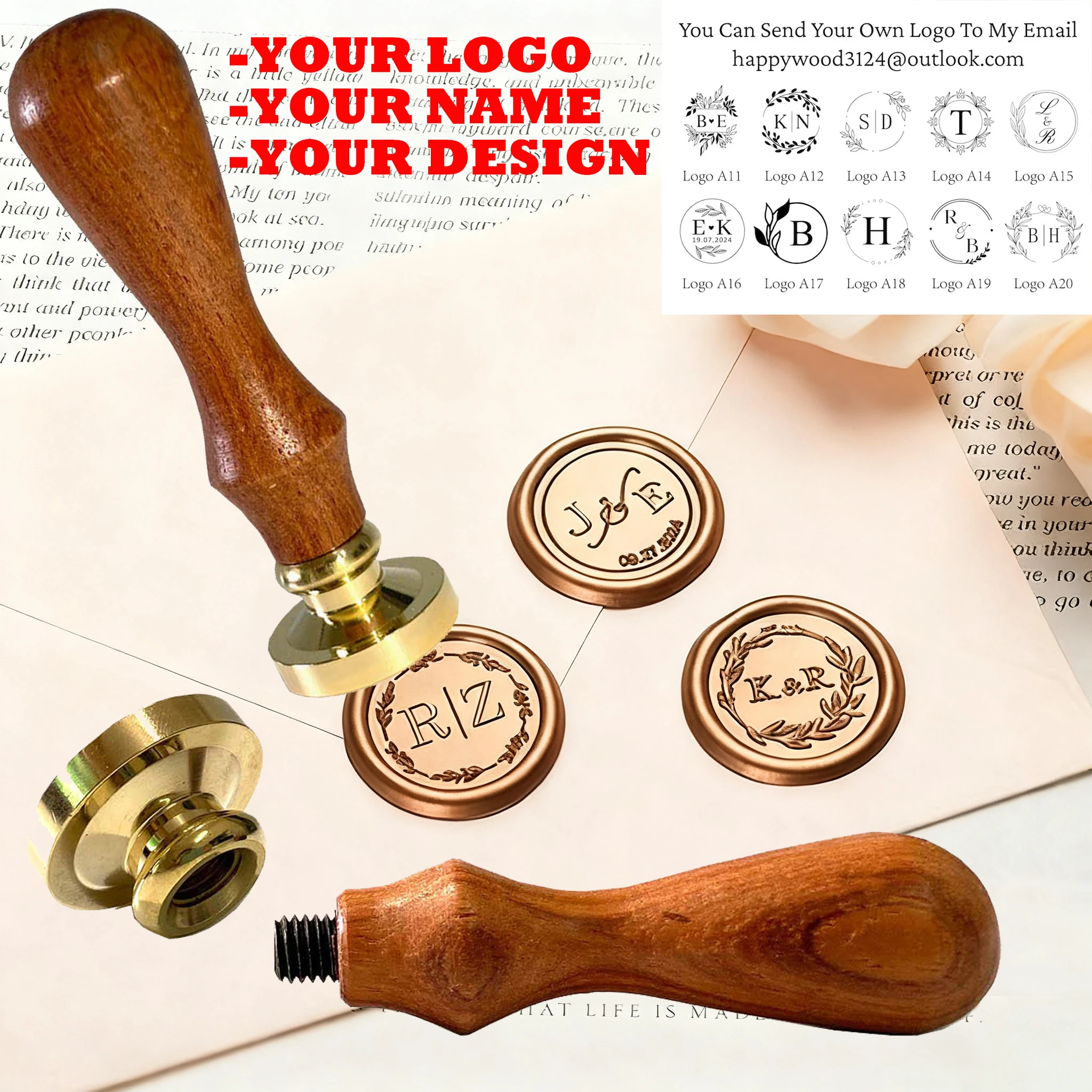 

Изготовленный на заказ латунный сургучный штамп 2,5 см с деревянной ручкой, персонализированный дизайн логотипа, свадебный конверт, декор для карт, сургучный штамп