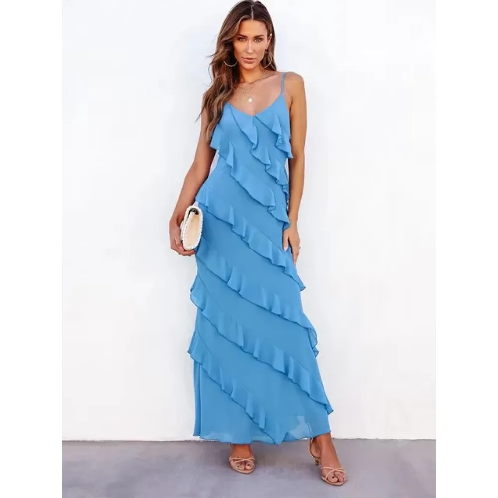 2025 موضة خارج على الكتف الخامس الرقبة فستان طويل المرأة الصيف الكشكشة المتتالية مثير عارية الذراعين أكمام شق شق فستان طويل