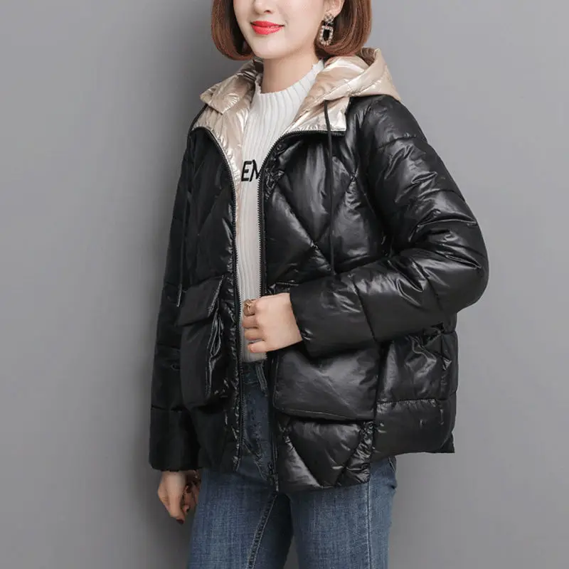 Autumn Winter Down Coats Jacket Women Casual Korean Style Oversize Solid Color Hoodies Fashion Cotton Black Jackets Parkas