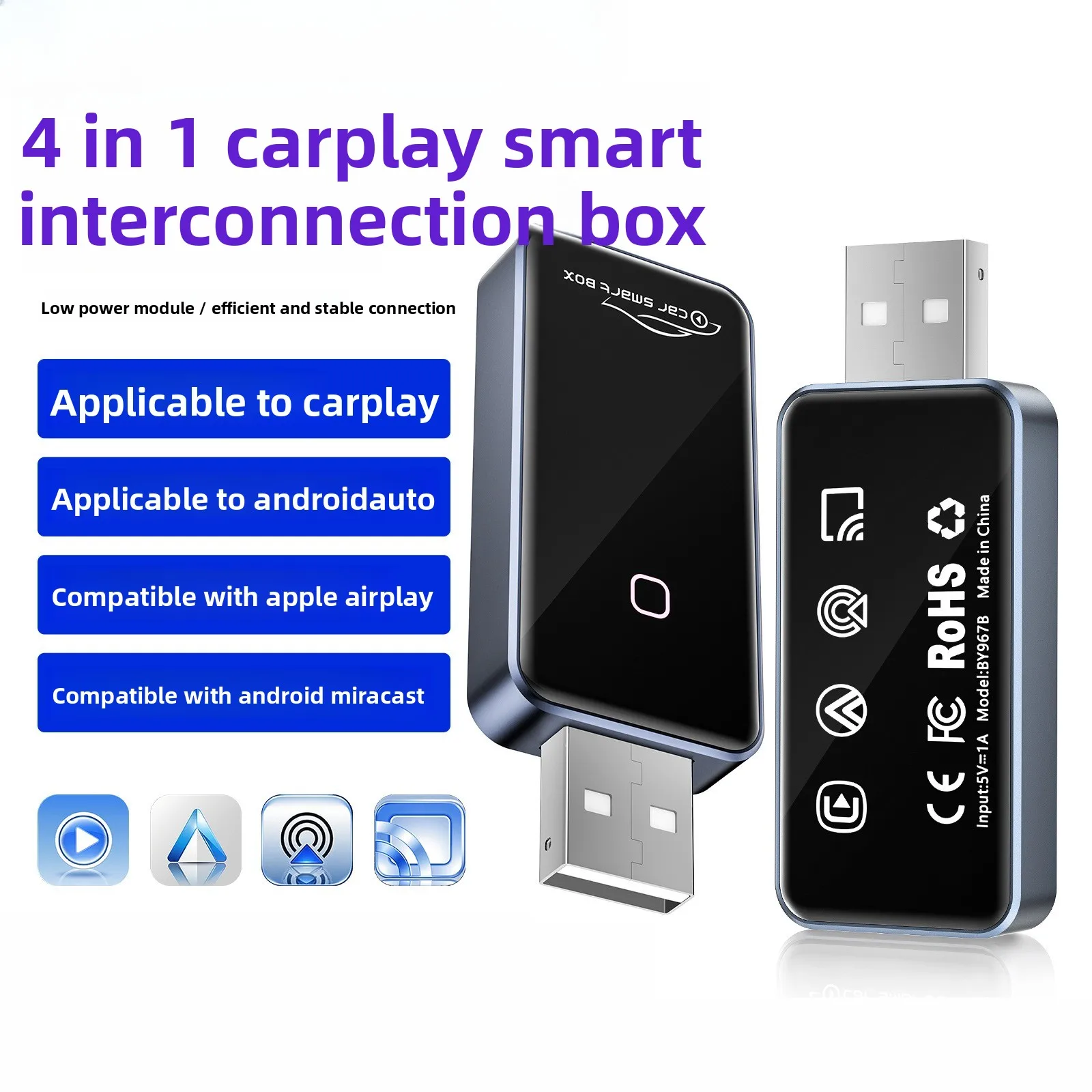 

Wired to Wireless CarPlay Adapter Android Auto 4in1 Smart Box, Bluetooth 5.0 USB&Type-c Interface Plug&Play,carplay inalámbrico