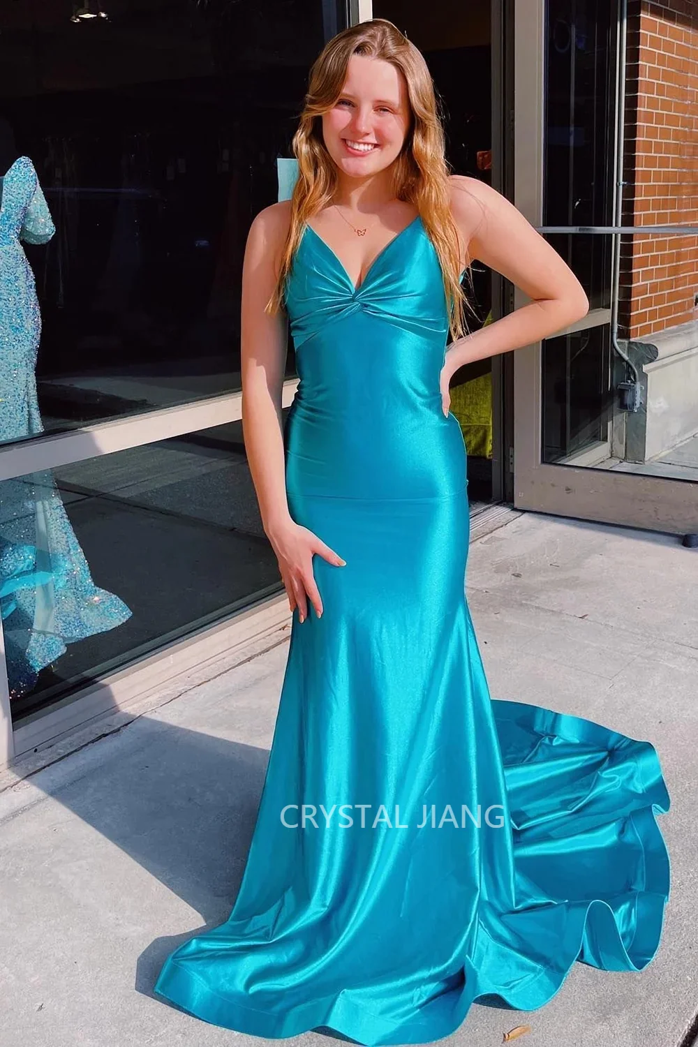 

Elegant Long Blue Spaghetti Straps Elastic Satin Prom Dresses Sleeveless Lace Up Mermaid Sweep Train Vestido De Festa