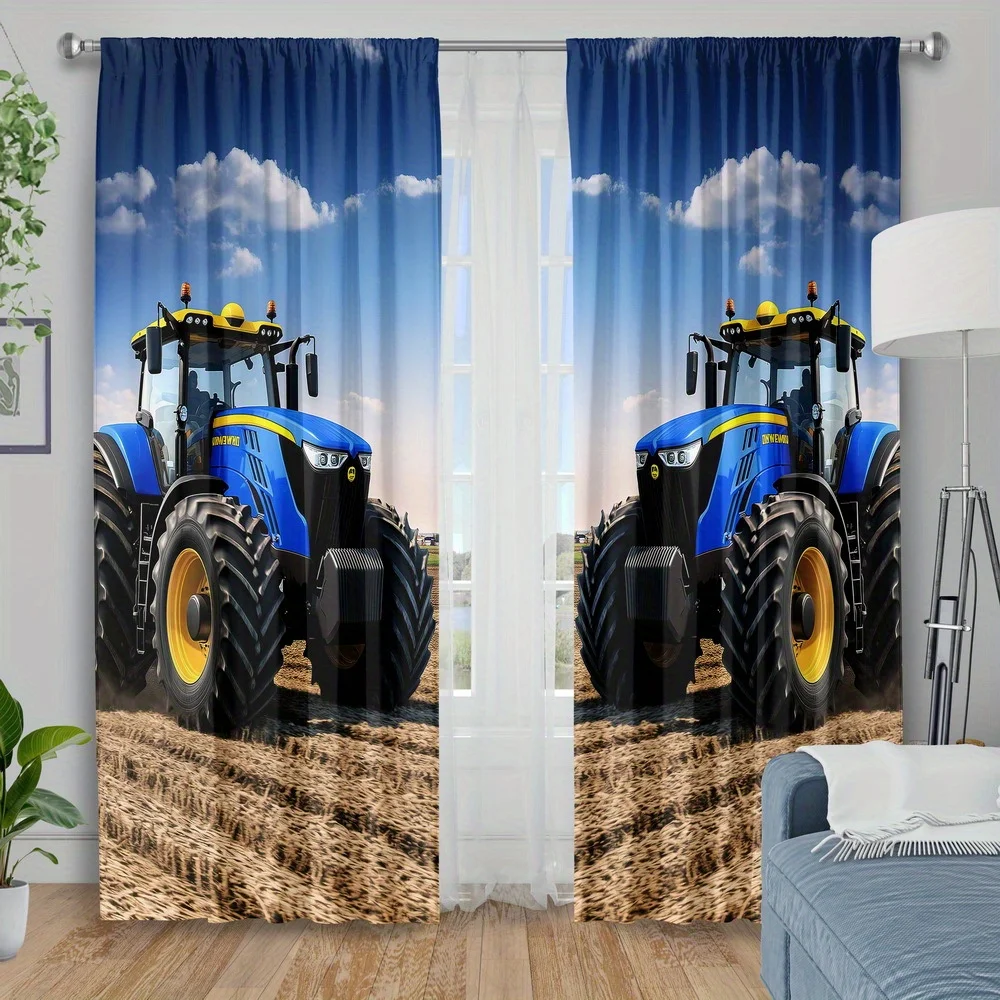 Blue Tractor Curtain, Farm Machinery Print Drapes, Agricultural Vehicle Window Curtains, Kids Room Living Room Decor