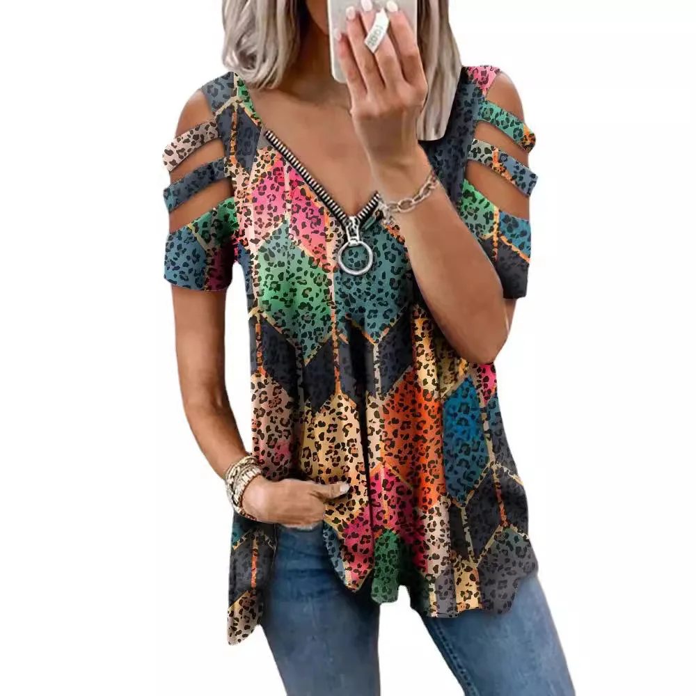 Damen-T-Shirt mit lockerer Passform, V-Ne, Reißverschluss, Kapuze, ausgehöhltes Design, Baumwoll-Polyester-Mischung, Sommer-Faion-Top