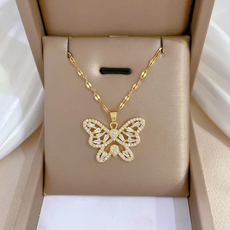 Gold Color Big Butterfly Zirons Pendant Necklace for Women Gift Fashion Jewelry Stainless Steel Chain Luxury Design New In