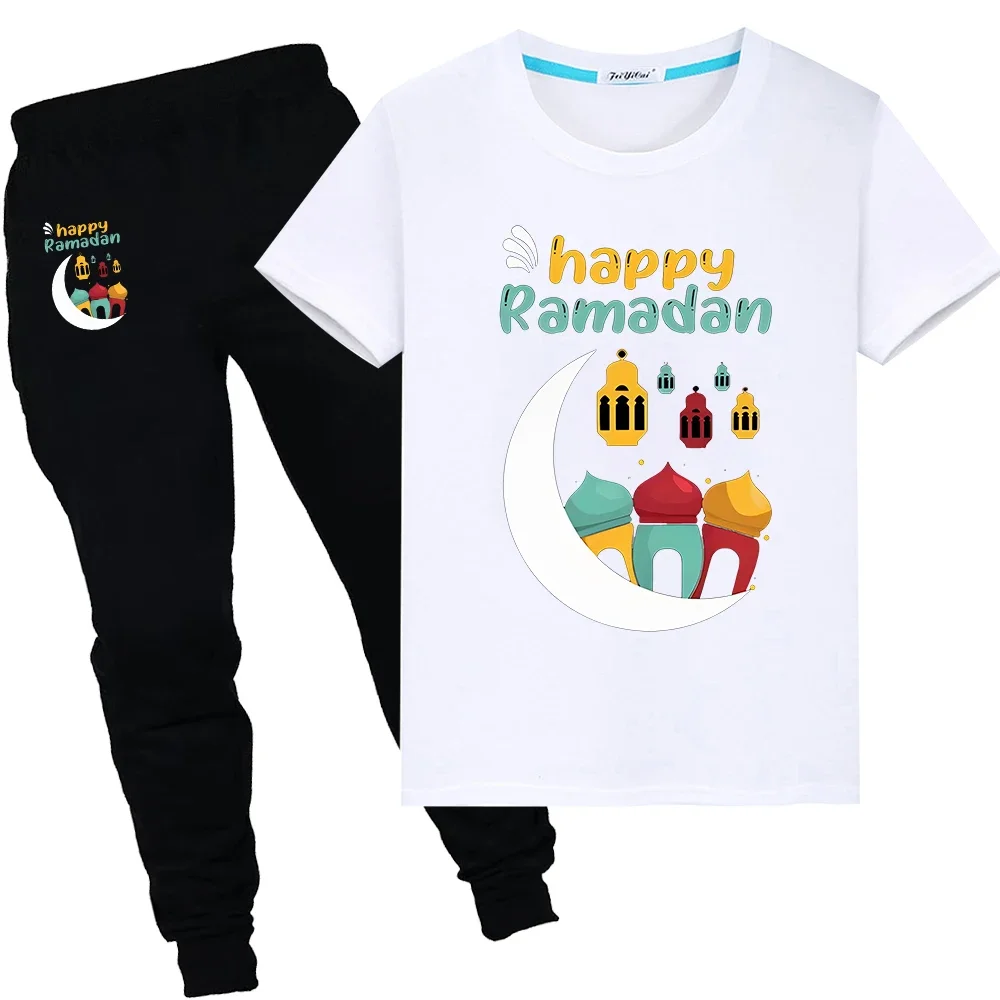 Ramadan Muslim boy girl Sets Summer Print T-shirt Short Tops+pant y2k Ramadan Mubarak Kids With Moon Festive Outfit Holiday gift