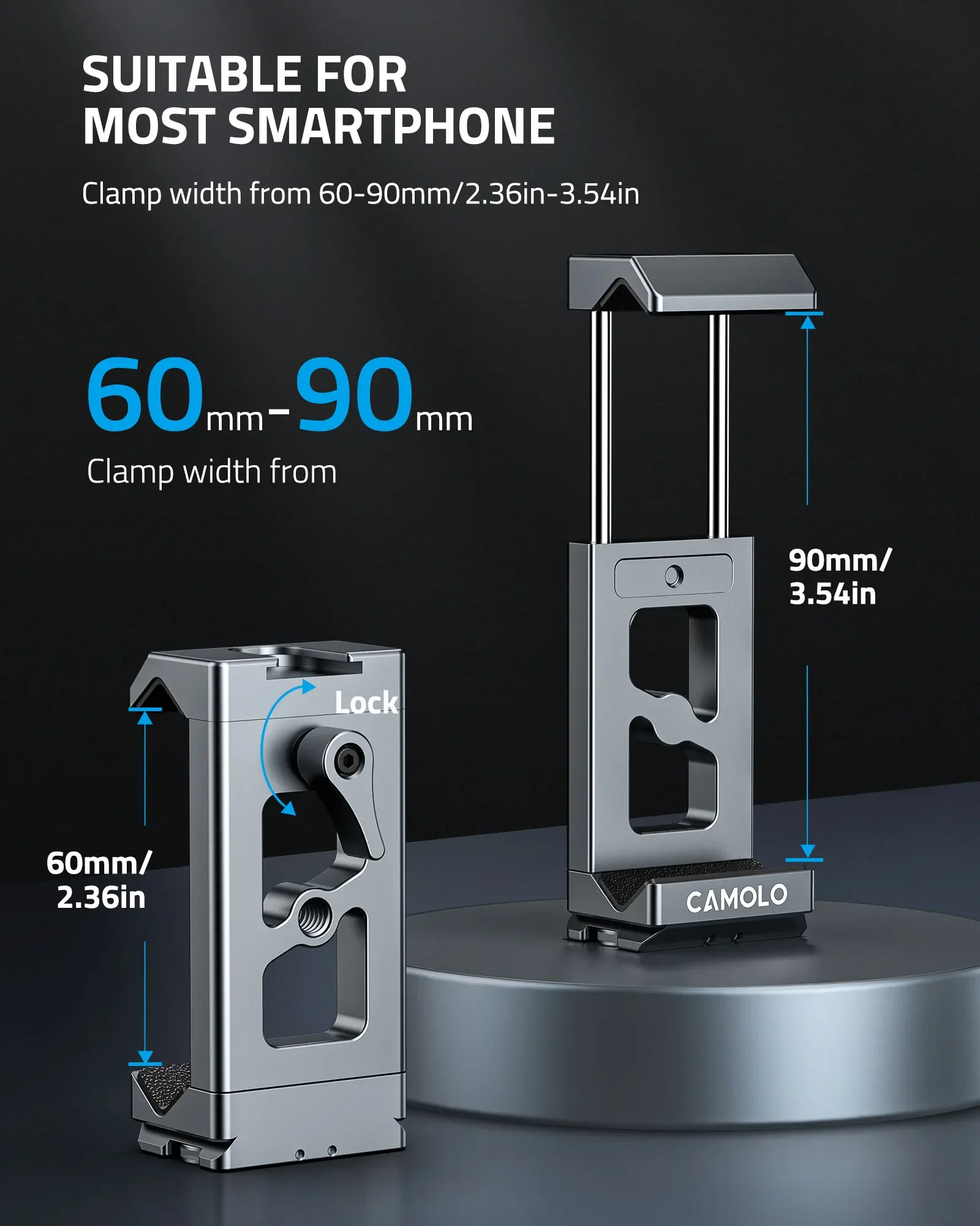 CAMOLO 금속 전화 클립 홀더(Arca 포트 및 액션 카메라 어댑터 포함) iPhone Gopro Samsung용 스마트폰 삼각대 어댑터 클램프