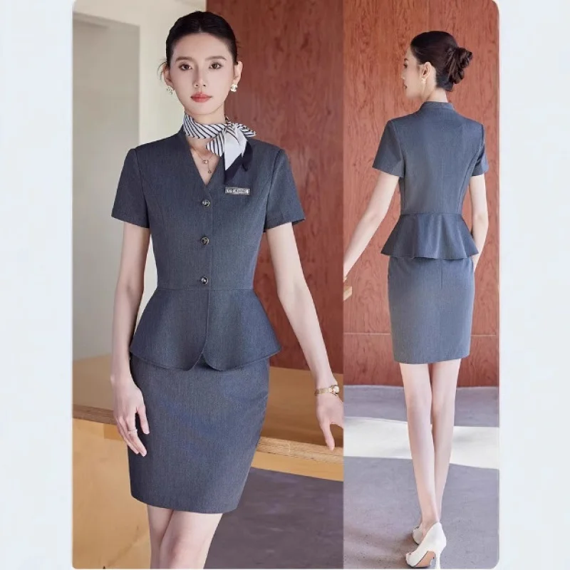 Short-sleeved women's professional suit for summer, suitable for hotel management, front desk reception, manager, and service st
