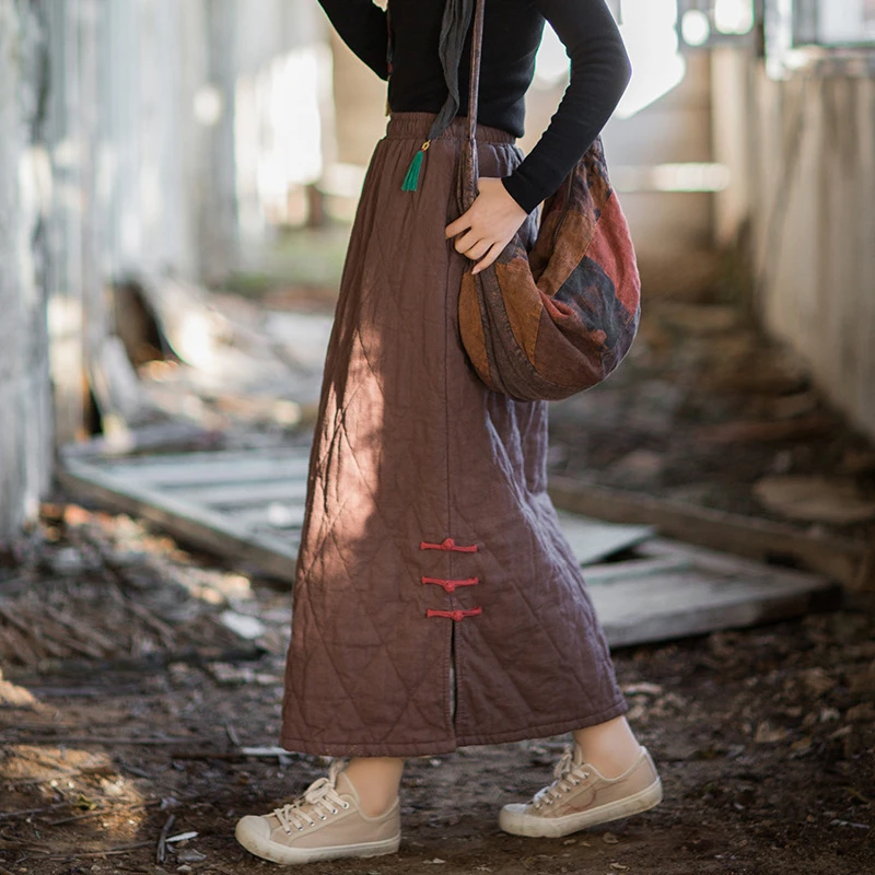厚手の暖かい綿麻カジュアルスカート レディース 新作 2025 秋 ヴィンテージスタイル 無地 女性用 キルティングロングスカート M2076