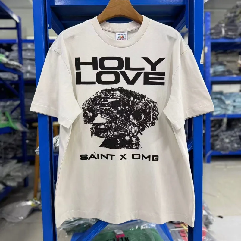 SAINT SS26 HOLY LOVE Limited Edition Series Retro Streetwear Distressed Mechanical Portrait Print Oversized Short-Sleeve T-Shirt