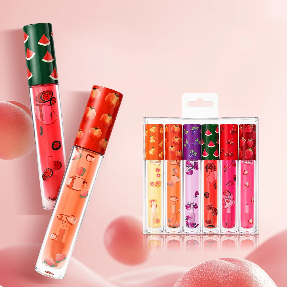 6-Piece Fruit-Scented Lip Oil Kit Private Label Pigment Long Lasting Moisturizing Custom Logo Makeup Vegan Transparent PVC Box