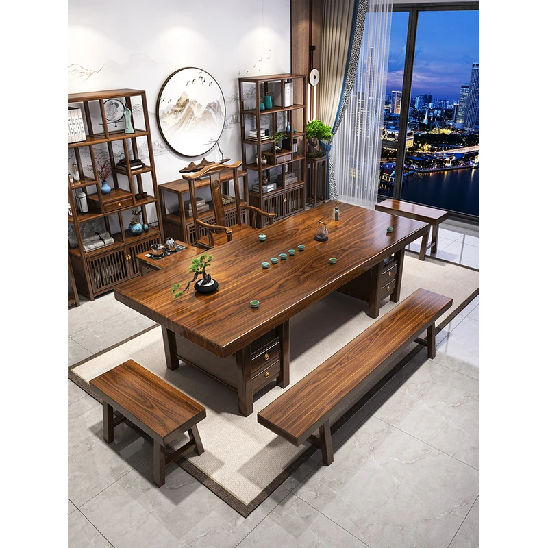 Modern Furniture Solid Wood Tea Table Chair Balcony New Chinese Combination Black Gold Tea Table Office Black Walnut image 3
