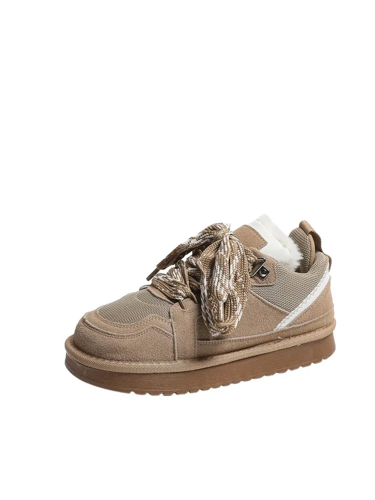 Damen Echt-Schaffell-Wollschneestiefel 2026 Neues Design Niedriger Schaft Dicke Sohle Schnürung Natürliches Fell Warme Baumwollschuhe Winter Herren Hausschuhe – Detail 4
