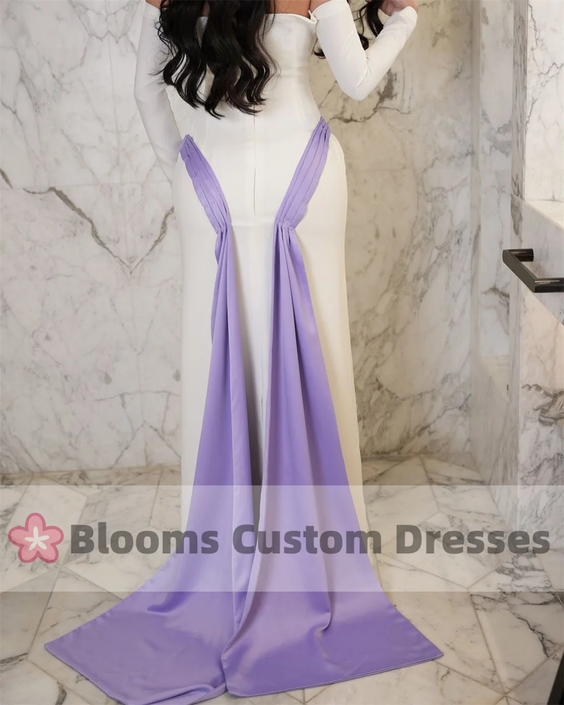 Blooms Saudi Lilac Beaded Customized Evening Dresses For Special Occasion Long Sleeves Crepe Party Dress Exquisite Prom Gown