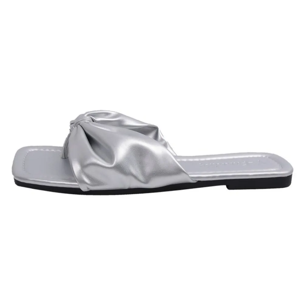 Light Luxury PU Bow Beachwear Flip Flops Soft Sole Anti Slip Clip Toe Flip Flops Shoes Sweet Flat Slippers Women Girls