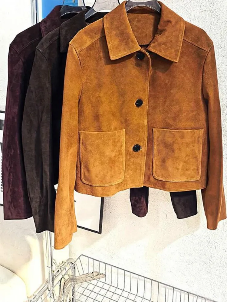 Mode Lose Revers Lange Ärmel Schaffell Kurze Jacke Freizeit Einfarbig Tasche Einreiher Echtes Leder Weiblichen Mantel