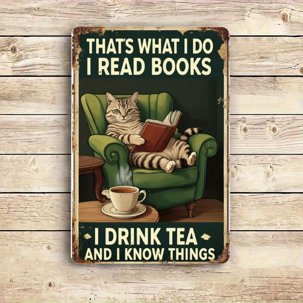 لوحة فنية جدارية مسطحة ثنائية الأبعاد مقاس 30.48 × 20.32 سم من القصدير المعدني العتيق - كتاب قراءة القطط باللون الأخضر وتصميم الشاي مع "هذا هو #1