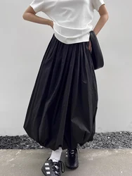 HOUZHOU Long Skirt Women Elegant Solid Elastic Waist A-line Vintage Korean Fashion Loose Balloon Maxi Skirt Casual Streetwear