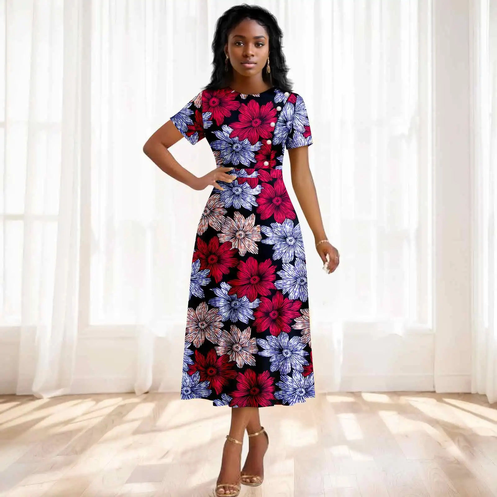 African Ankara Printed Fabric Women's Dress with Pearl Button Decoration on the Chest 2525077