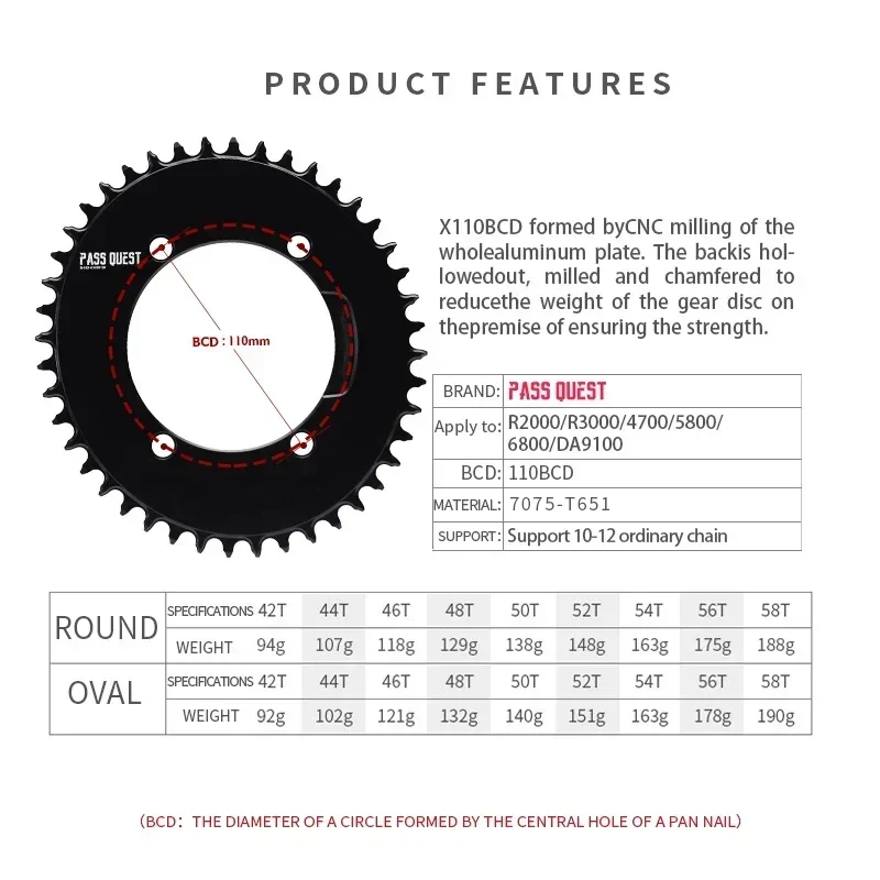 PASS QUEST X110BCD AERO Narrow Wide Chainring for R3000/4700/5800/6800/DA9000 Chainwheel BLACK gravel folding bike available